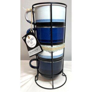 Boston Warehouse Stacking Up Stoneware 16 Oz Blue & White Stacking Cups Set With